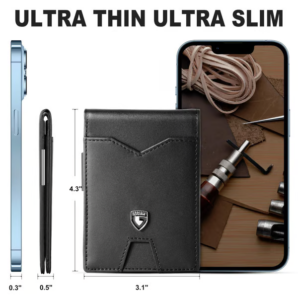Men's Slim Leather Blocking Wallet - Minimalist Carbon Fiber Bifold
