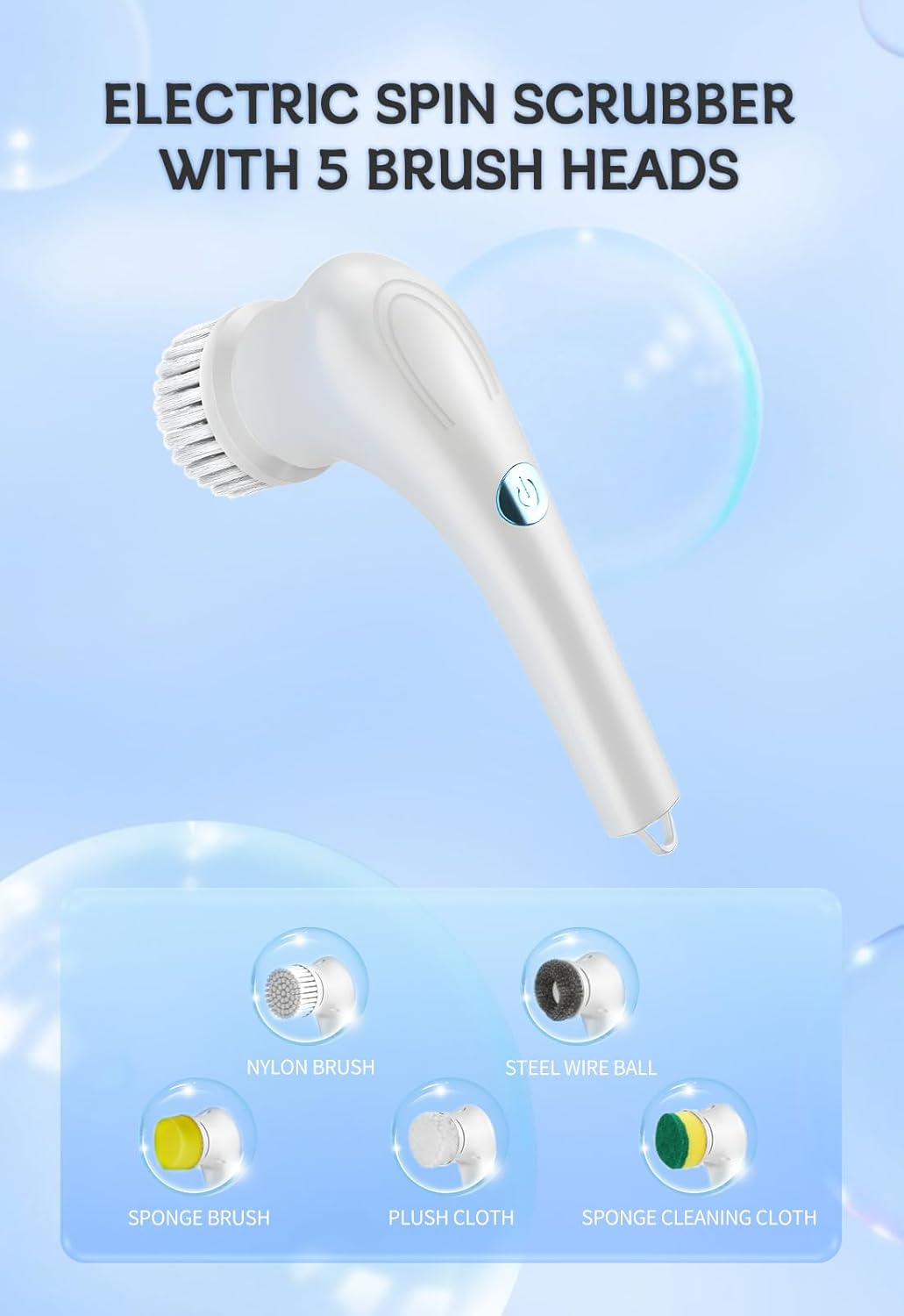 Electric Spin Scrubber, Handed Electric Cleaning Brush Cordless Power Scrubber with 5 Replaceable Brush Heads, Rechargeable Bathroom Scrubber for Cleaning Bathtub, Tub, Tile, Floor, Sink, Window